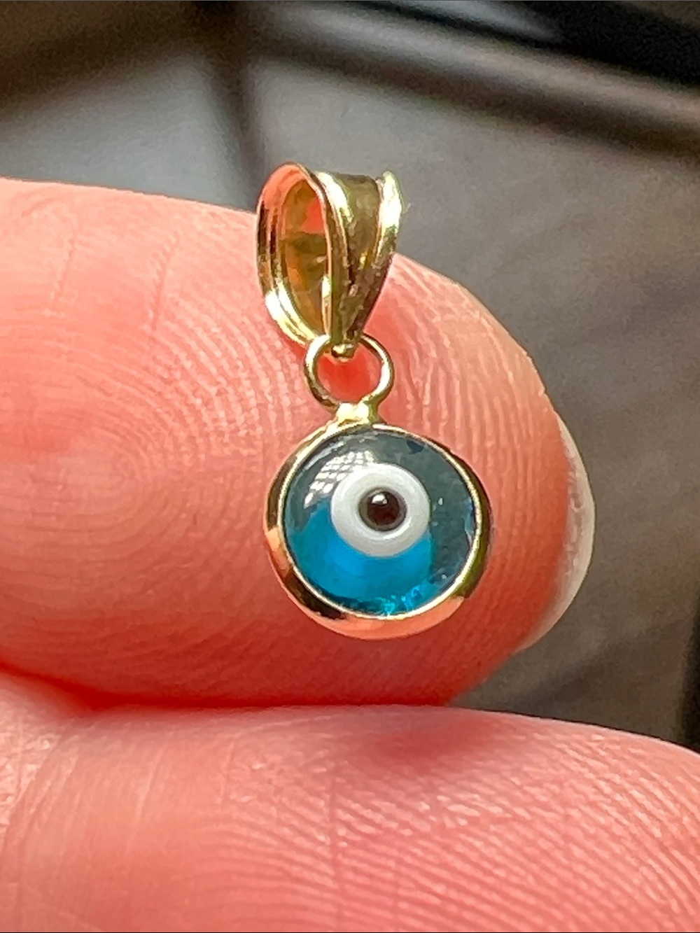 14k Solid Yellow Gold Dainty Mini Blue Glass Evil Eye Necklace Pendant Charm